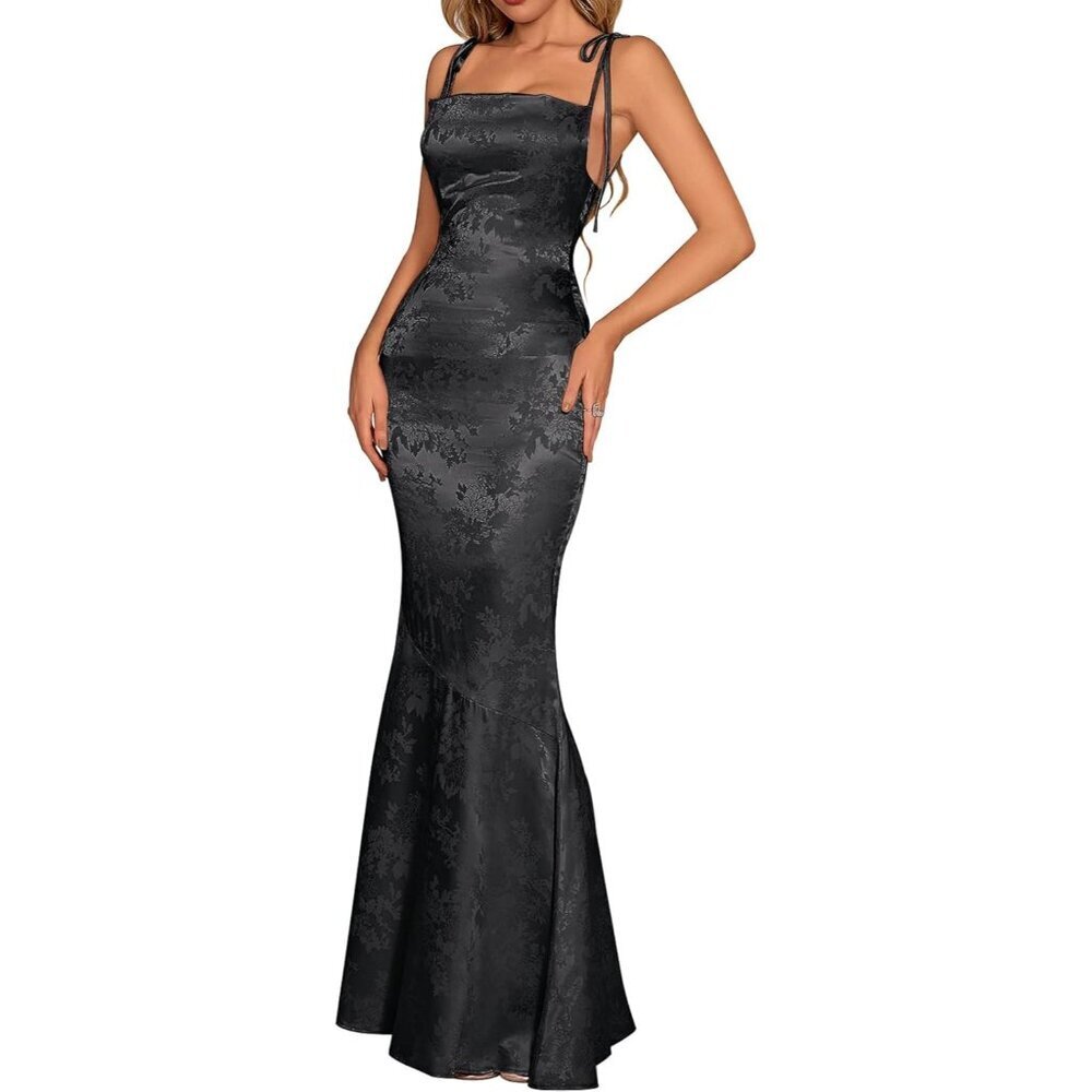 Women's Black Satin Body-con Elegant Formal Spaghetti Strap Cowl Neck Maxi Dress